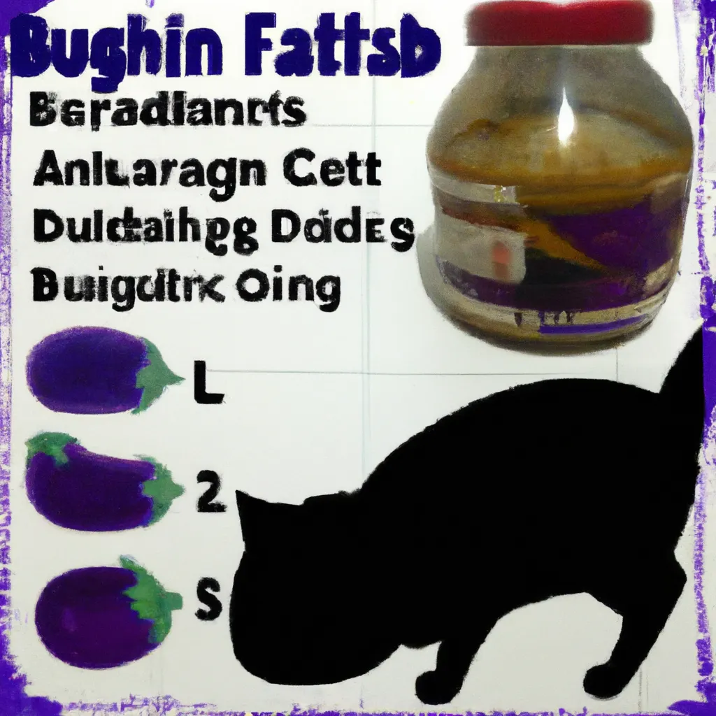 A curious cat exploring an array of safe food alternatives to aubergine, such as fish, chicken, and cat food, with aubergine clearly marked as an unsuitable option.