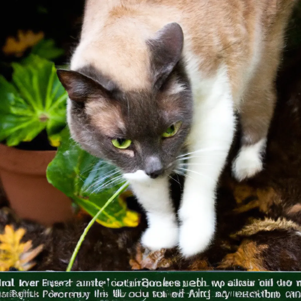 A curious cat sniffing a bay leaf, with a caution sign indicating potential toxicity.